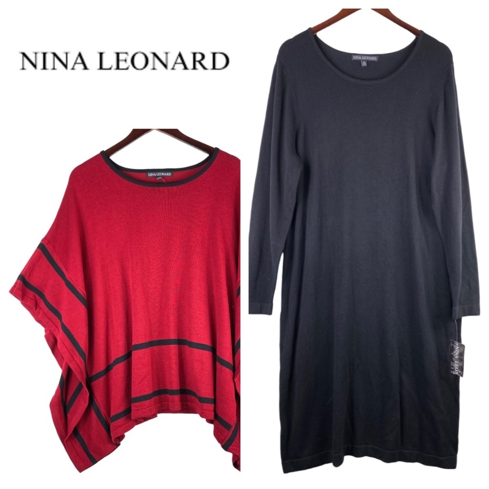New Nina Leonard Sz 1X 16 18 Dress Poncho Sweater 2 pc Set Outfit Red Black